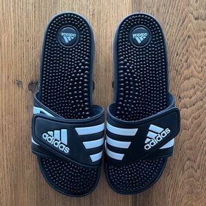 Adidas Velcro Men Size 9 Black Triple White Strip Flip Flops Slides Sandals
